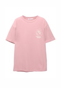 Lyst lyser�ød T-shirt med korte ærmer og et hvidt omridset granatæblegrafik samt teksten "Sanguine Touch" på venstre bryst.