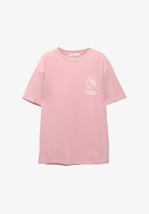 Light pink short-sleeve T-shirt with a white outlined pomegranate graphic and "Sanguine Touch" text on the left chest.