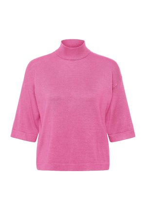 Roze gebreide trui met een hoge col, een losse pasvorm en korte mouwen. Het heeft een gladde textuur en een minimalistisch ontwerp.