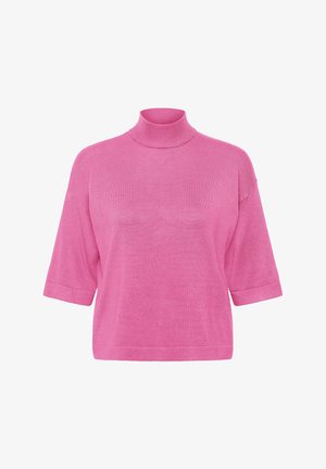 Roze gebreide trui met een hoge col, een losse pasvorm en korte mouwen. Het heeft een gladde textuur en een minimalistisch ontwerp.