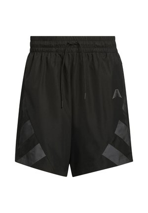 Black athletic shorts with elastic waistband, drawstring, side pockets, and reflective geometric patterns on lower sides.