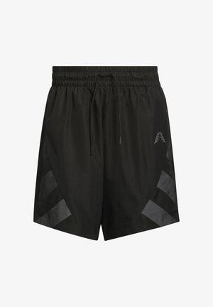 Schwarze Sportshorts mit elastischem Bund, Kordelzug, Seitentaschen und reflektierenden geometrischen Mustern an den unteren Seiten.