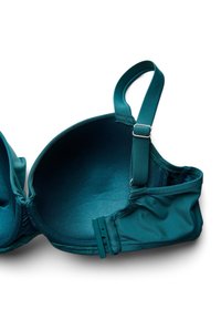 Türkisfarbener BH mit glattem Stoff, Bügelcups, verstellbaren Trägern und einem Haken-Ösen-Verschluss am Rücken. Verfügt über ein nahtloses Design.