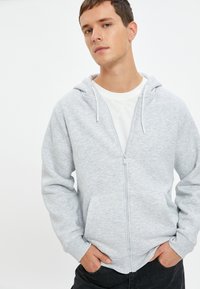 Sudadera con cremallera de color gris claro y textura suave, con bolsillos delanteros y capucha con cordón. Lleva puesta una camiseta blanca y se combina con pantalones oscuros.