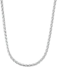 Collar de eslabones de tono plateado con un diseño retorcido, que presenta eslabones suaves y redondeados que crean una textura uniforme y un acabado reflectante.