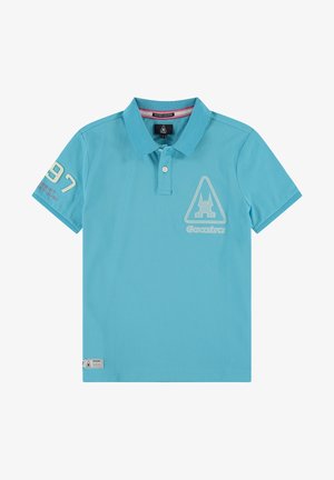 Light blue short-sleeve polo shirt with collar, two buttons, white number 97 on sleeve, and logo with text on chest and hem.