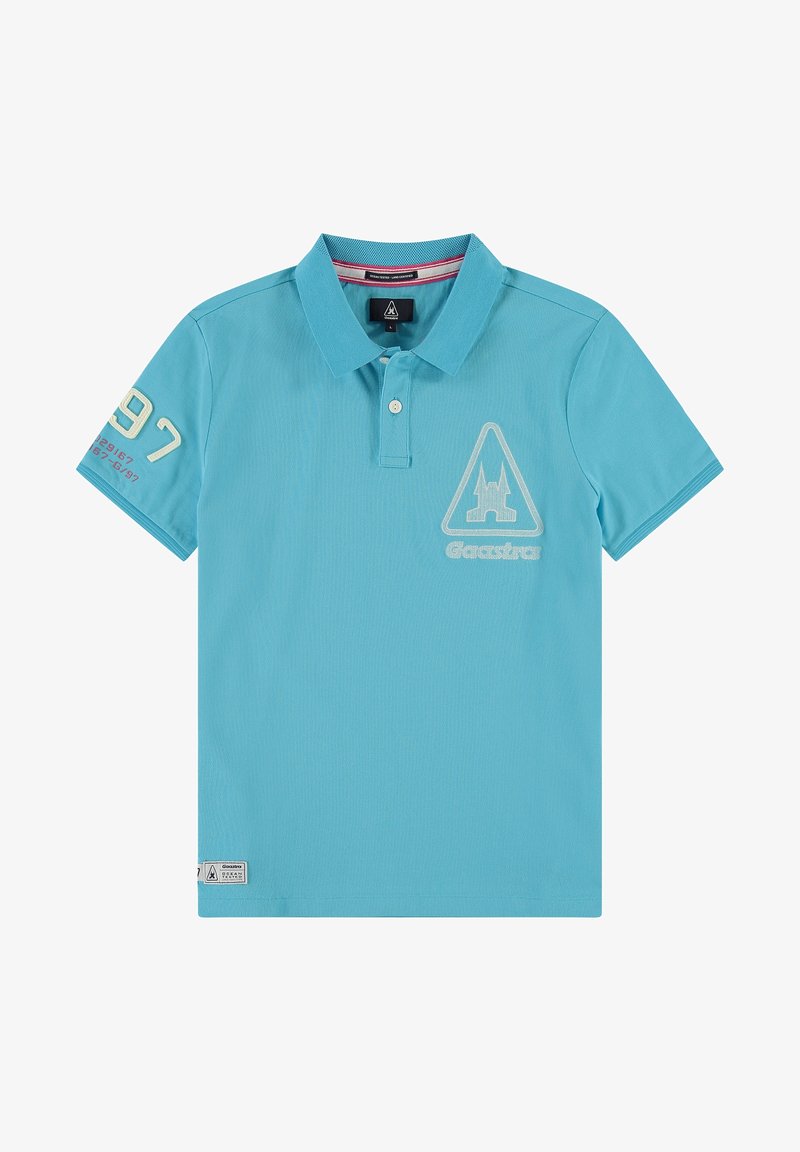 Polo à manches courtes bleu clair avec col, deux boutons, numéro blanc 97 sur la manche et logo avec texte sur la poitrine et l'ourlet.