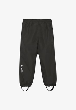 Black waterproof pants with an elastic waistband, adjustable straps at the ankles, and a logo printed on the side. Smooth, shiny texture.