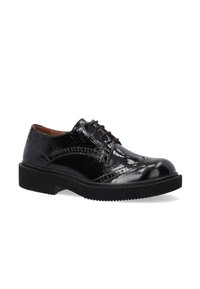Schwarze Lackleder-Oxford-Schuhe mit dekorativer Naht, runder Zehenform, Schnürdesign und einer strukturierten Gummisohle.