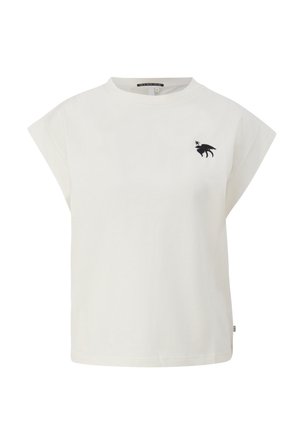 Weißes Baumwoll-T-Shirt mit kurzen, weiten Ärmeln. Mit einem kleinen schwarzen gestickten Design eines Vogels und eines Sterns auf der linken Brust.