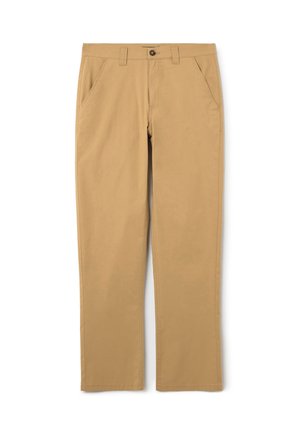 Pantalones caqui de mezcla de algodón, con un diseño de pierna recta, bolsillos frontales y un cierre de botón metálico en la cintura.
