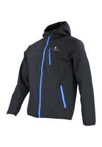 Veste softshell noire avec capuche, dotée de fermetures éclair bleues, d'une poche poitrine et de coutures contrastantes pour plus de détails.