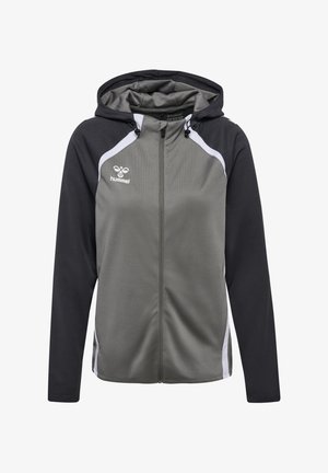 Kurtka z kapturem w ciemnoszarym i czarnym kolorze, wyposażona w zamek błyskawiczny, białe akcenty i logo. Wykonana z oddychającego materiału o gładkiej fakturze.