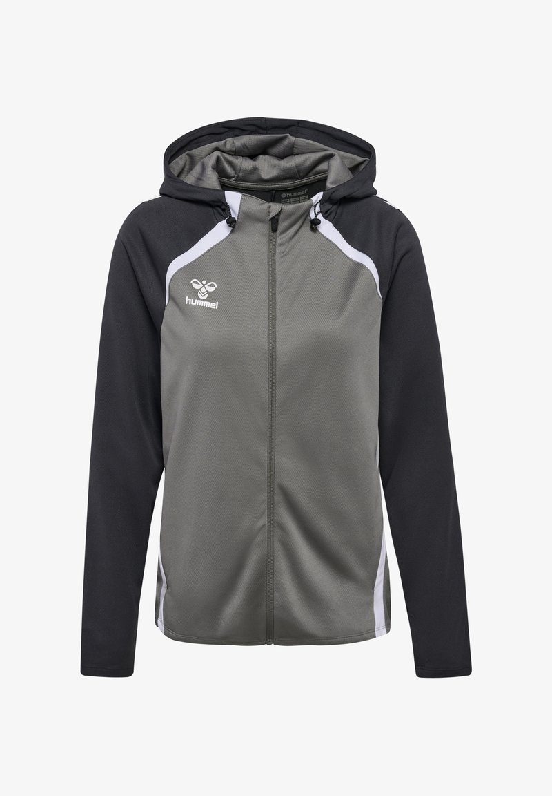 Veste à capuche en gris foncé et noir, dotée d'une fermeture éclair, d'accents blancs et d'un logo. Fabriquée en tissu respirant avec une texture lisse.