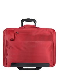 Red rolling briefcase made of textured fabric, featuring a top handle and front pocket. Black base accents at the bottom.