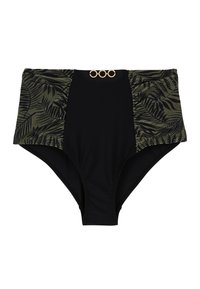 Bas de bikini taille haute avec une base noire et des côtés à motif de feuilles vertes, accentué par un détail en métal doré en forme de cercle à la taille.