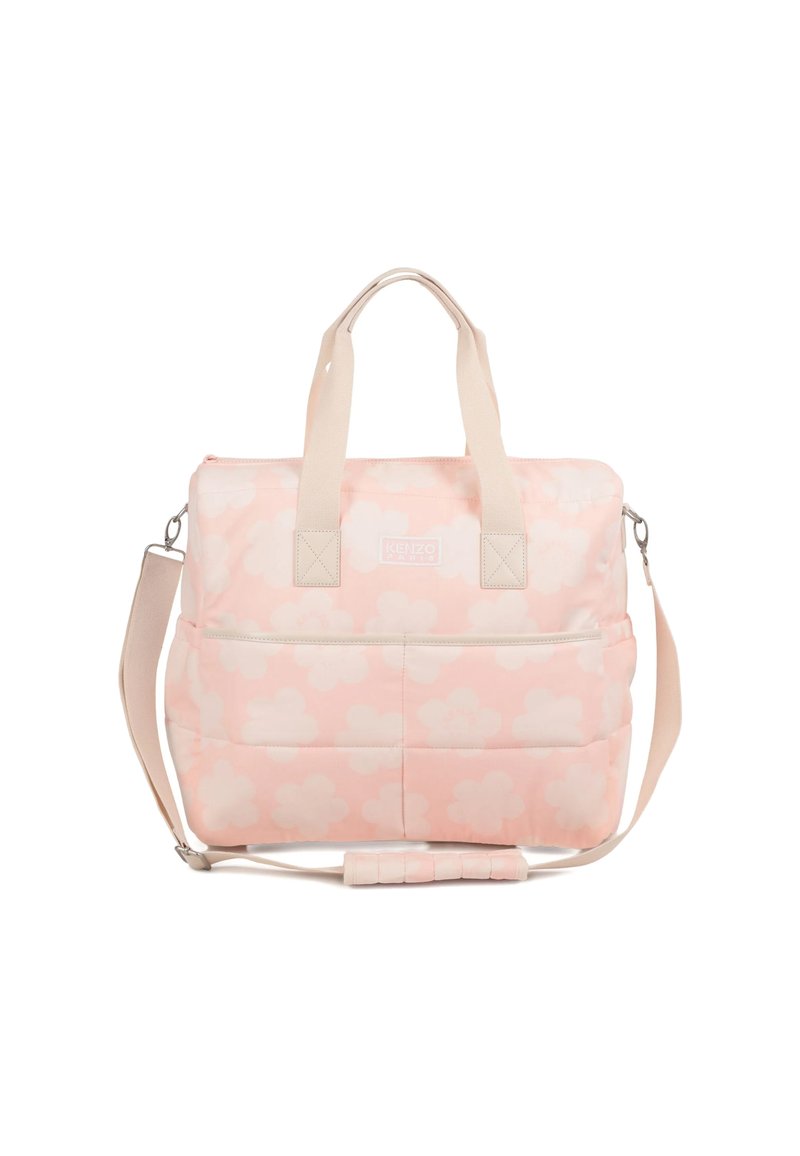 Sac pour ordinateur portable rembourré en rose clair avec des motifs de nuages blancs. Dispose de poignées doubles, d'une sangle réglable, d'une poche zippée à l'avant et d'un détail de logo.