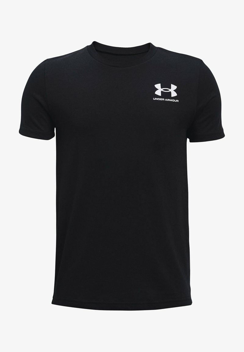 T-shirt nera a maniche corte in cotone, con scollatura rotonda e logo Under Armour bianco nella zona sinistra del petto.