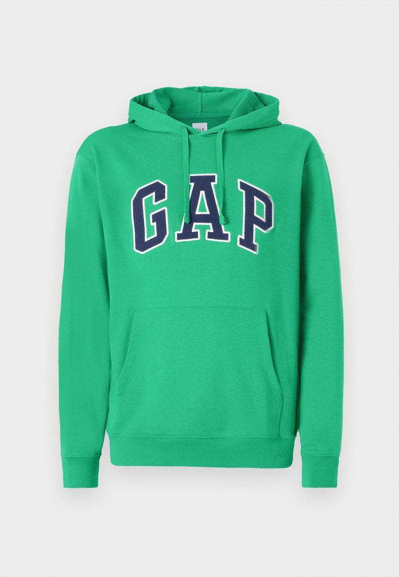 Grüne Kapuzenjacke mit Kängurutasche und Zugbandkapuze. Großes "GAP"-Logo in Marineblau, umrandet in Weiß, über der Brust. Material aus Baumwollmischung.