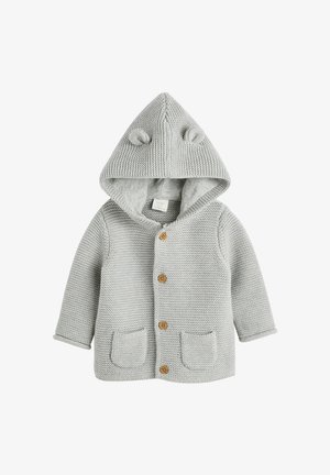 Grijze gebreide hoodiejack met knopen en twee voorkanten zakken, voorzien van berenoren op de kap en een textuurstof.