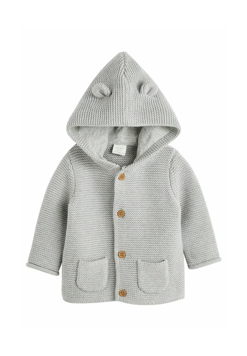 Gray knitted hooded jacket with buttons and two front pockets, featuring bear ears on the hood and a textured fabric.