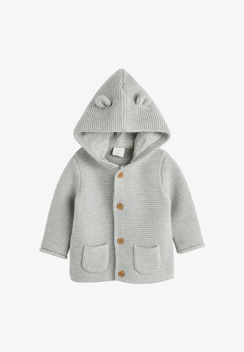 Graue, gestrickte Kapuzenjacke mit Knöpfen und zwei vorderen Taschen, die Bärenohren auf der Kapuze und einen strukturierten Stoff hat.