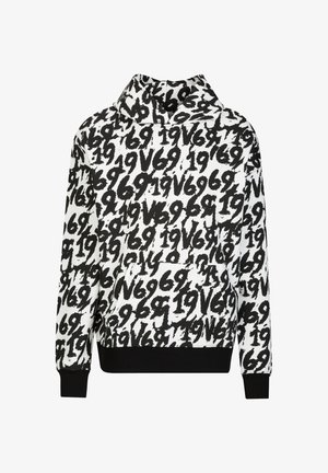 Kapuzensweatshirt in Schwarz und Weiß, mit einem wiederholten grafischen Muster aus Zahlen. Das Material ist weich und hat gerippte Bündchen und Saum.
