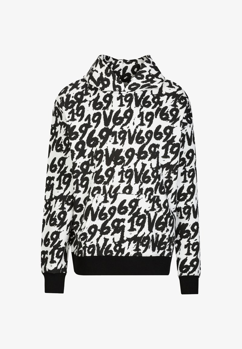 Kapuzensweatshirt in Schwarz und Weiß, mit einem wiederholten grafischen Muster aus Zahlen. Das Material ist weich und hat gerippte Bündchen und Saum.