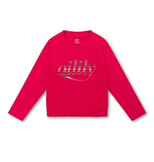 Lange mouw, felroze sweatshirt met een geribbelde hals. Kenmerkt zich door een kleurrijk gestreept "oilily" logo op de voorkant en een gatherede zoom.