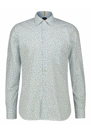 Hvid skjorte med lange ærmer med lys blå og grøn abstrakt krydsmønster, knapper foran og spids krave.