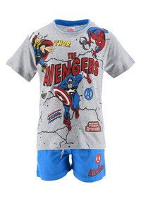 Gray cotton t-shirt features Avengers characters in red and blue graphics. Blue shorts with printed logo, cotton fabric, casual design.