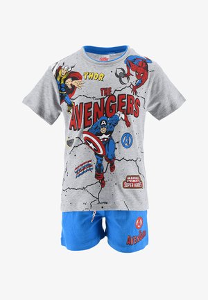 Gray cotton t-shirt features Avengers characters in red and blue graphics. Blue shorts with printed logo, cotton fabric, casual design.