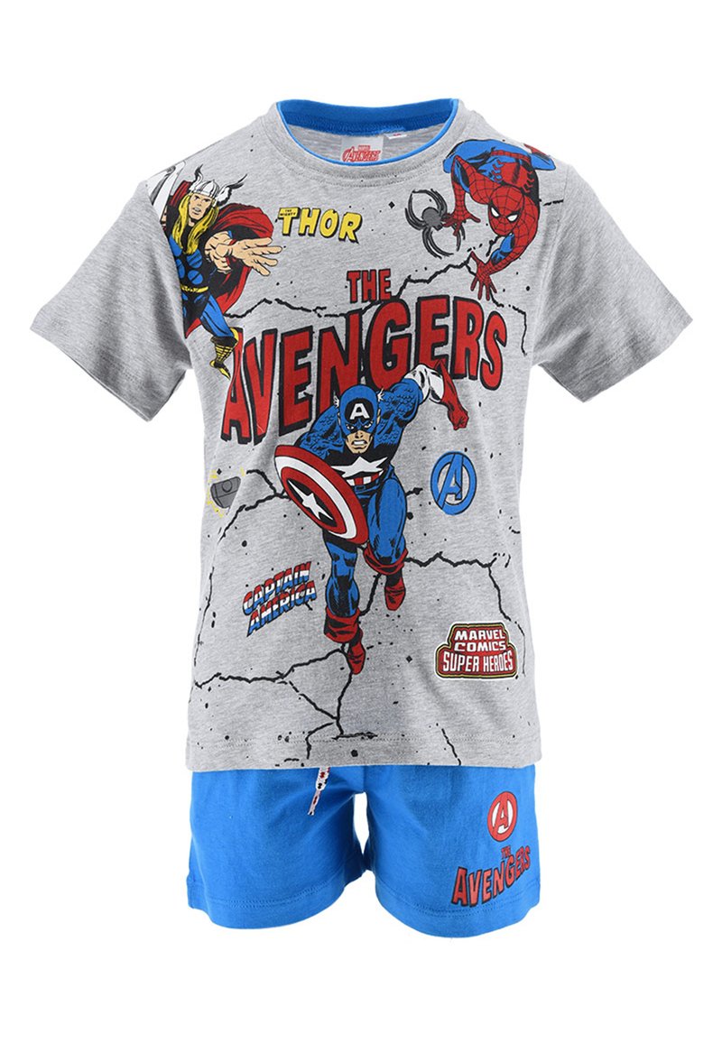 Gray cotton t-shirt features Avengers characters in red and blue graphics. Blue shorts with printed logo, cotton fabric, casual design.