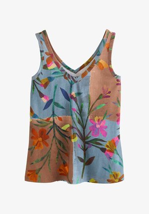 Floral-patterned tank top featuring a v-neck, multi-colored design with blue, brown, and vibrant flowers on a lightweight fabric.