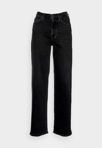 Czarne dżinsy z wysokim stanem o prostych nogawkach, wyposażone w przednie kieszenie i zapięcie na guzik, gładka faktura oraz kontrastujące przeszycia.