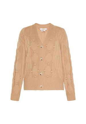 Beige strikket cardigan med V-udskæring, der har et kabelstrikket design og pom-pom accenter, og afsluttet med fem knapper og ribbede manchetter.