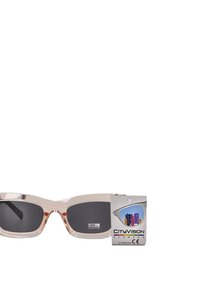 Gafas de sol con un marco de plástico transparente de color rosa claro, lentes oscuros, con una etiqueta de protección UV en una tarjeta adjunta.