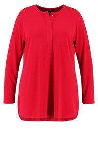 Röd långärmad skjorta med henley-krage, med två knappar, rak nederkant och mjukt, lättviktigt tyg. Enkelt mönster, inga mönster.