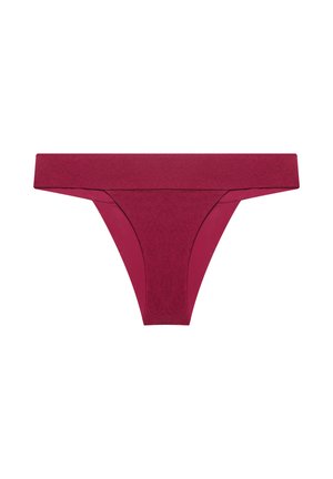 Maroon seamless thong underwear with wide waistband, smooth fabric, and minimal stitching.