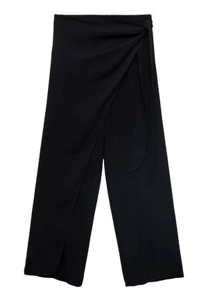 Black wide-leg trousers made of smooth fabric, featuring a wrap design with a tie closure and an asymmetric front opening.