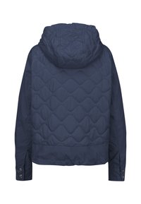 Marineblau gesteppte Jacke mit Kapuze, verfügt über ein strukturiertes Muster auf dem Rücken, Knopfdetails an den Ärmeln und ein cropped Design.