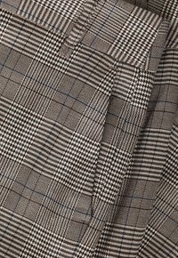 Hnědo-beige tkanina s vzorem houndstooth, která má kostkovaný design s jemnými modrými linkami. Texturovaná vazba s různými tvary a velikostmi.