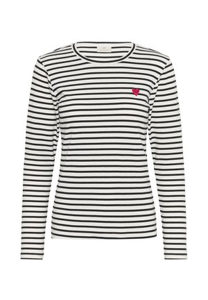 Langsleeve shirt met zwart-witte strepen, voorzien van een rode hartborduursel op de linkerkant van de borst. Katoenmix materiaal, ontwerp met ronde hals.