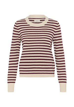 Gestreepte trui in bordeauxrood en crème, met een ronde halslijn, lange mouwen en geribbelde boorden en onderkant. Zachte brei stof, casual ontwerp.