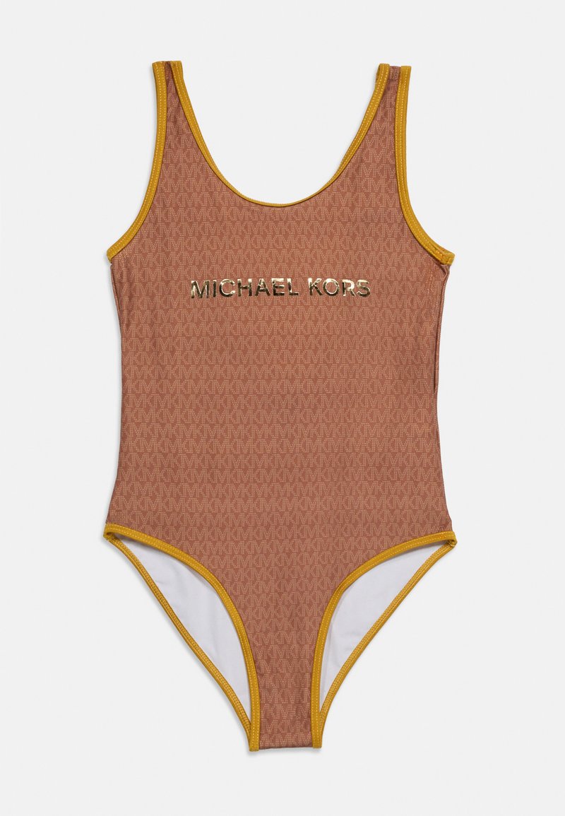 Maillot de bain une pièce marron avec bordure jaune, motif "MK" sur l'ensemble et logo doré "MICHAEL KORS" centré sur la poitrine.