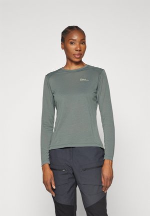 Long-sleeve, crew-neck shirt in muted green fabric. Features a subtle logo on the chest and fitted sleeves. Smooth texture and minimalist design.