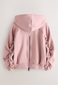 Weich rosa Kapuzenpullover von hinten mit zentralem vertikalem Reißverschluss und gerippten Bündchen und Saum.