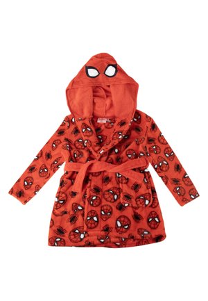 Red children's bathrobe with Spider-Man face and spider patterns, featuring a hood with large Spidey eyes and a tied waist belt.