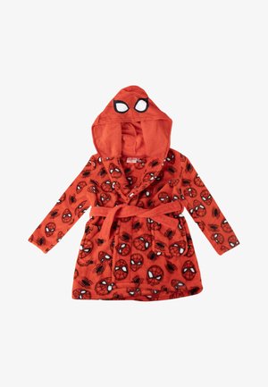 Accappatoio rosso per bambini con il volto di Spider-Man e motivi a ragno, dotato di cappuccio con grandi occhi di Spidey e cintura da annodare in vita.