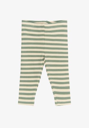 Rebraste leggins z zeleno-in-bež vodoravno črtno vzorcem. Elastični pas in enakoden hem, zasnovani za udobje in enostavno gibanje.